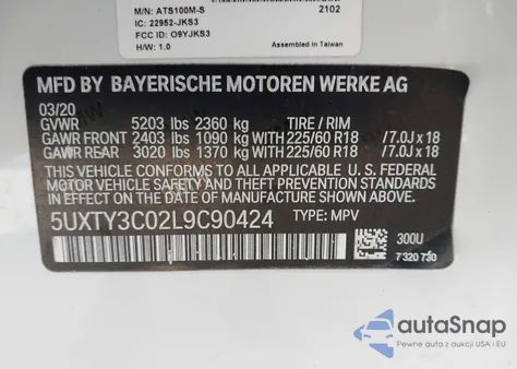 2020 BMW X3 Sdrive30I из США, поврежденный, VIN 5UXTY3C02L9C90424